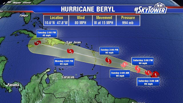 'Tiny Beryl' becomes first hurricane; depression forms off Carolinas
