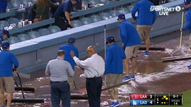 Sewage leak spills onto field during game at Dodger Stadium