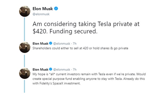 CEO Elon Musk tweets about Tesla buyout