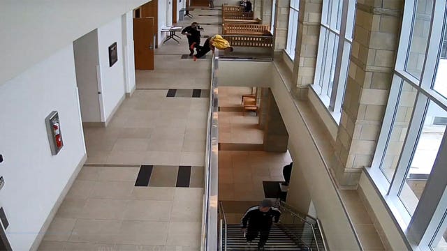 VIDEO:  Man in handcuffs dives off of second floor of courthouse