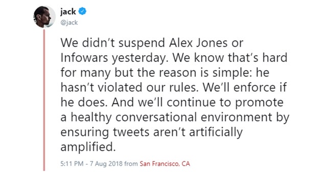 Twitter CEO defends decision not to ban Alex Jones, Infowars