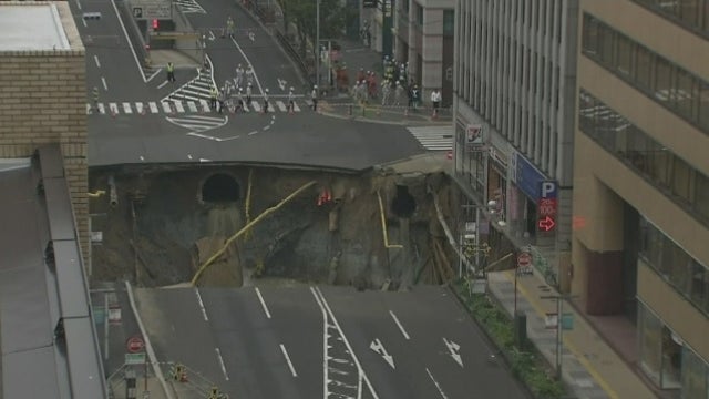 Massive sinkhole opens on Japanese road, swallows five-lanes of road