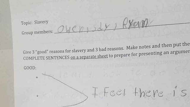School apologizes for slavery homework assignment