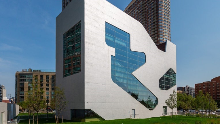 An exterior view of The Hunters Point branch of the Queens Public Library