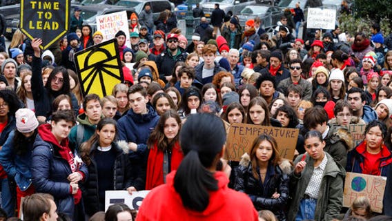 Youth climate strikers demonstrate in Manhattan, Madrid