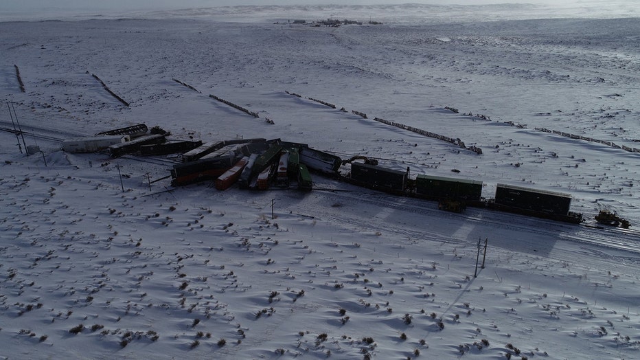 Derailed train cars