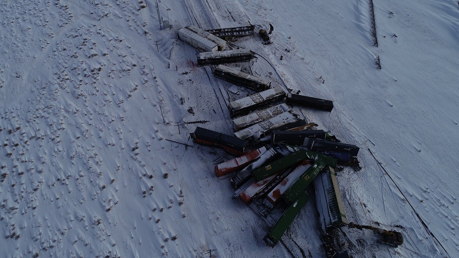 Derailed train cars