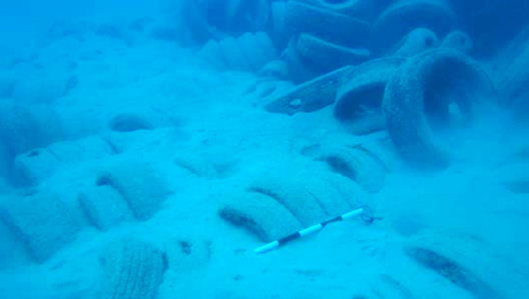 A pile of tires underwater