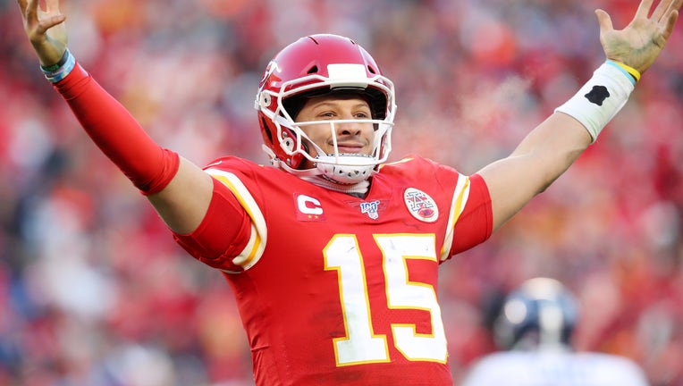 KANSAS CITY, MISSOURI - JANUARY 19: Patrick Mahomes #15 of the Kansas City Chiefs reacts after a fourth quarter touchdown pass against the Tennessee Titans in the AFC Championship Game at Arrowhead Stadium on January 19, 2020 in Kansas City, Missouri. (Photo by Tom Pennington/Getty Images)