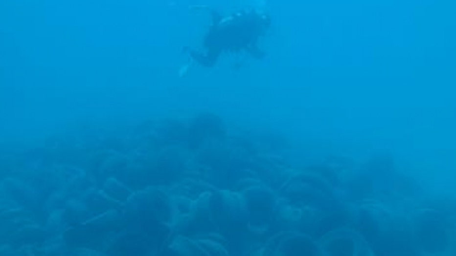 A pile of tires underwater