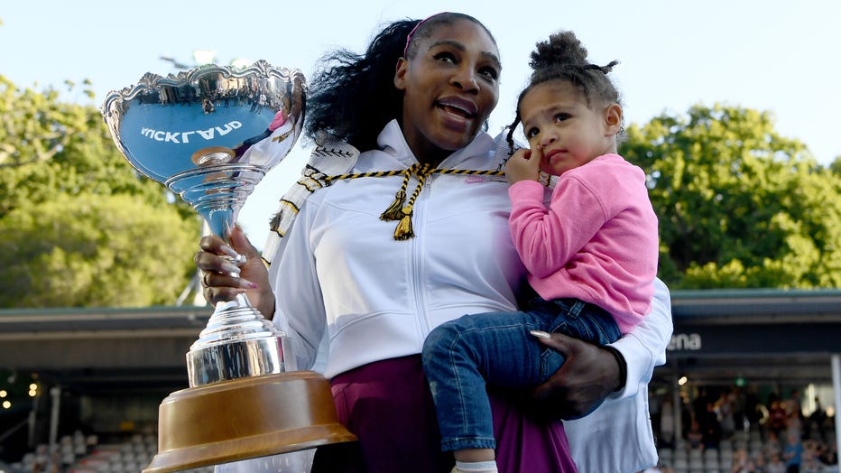 Serena Williams of the USA celebrates with daughter Alexis Olympia after winning the final match against Jessica Pegula of USA at ASB Tennis Centre on Jan. 12, 2020 in Auckland, New Zealand. (Photo by Hannah Peters/Getty Images)