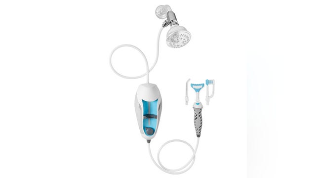 Device hooks to water to shower your teeth
