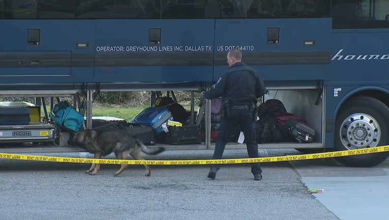 An officer and his dog sniff around a Greyhound bus that was headed to the Bay Area. Feb. 3, 2020