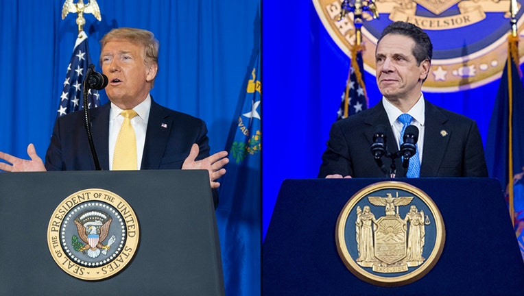 Donald Trump and Andrew Cuomo standing behind lecterns