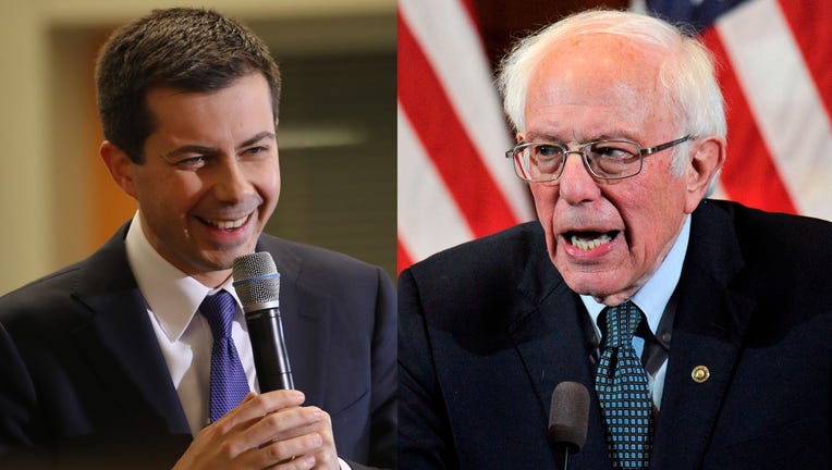 Former South Bend, Indiana Mayor Pete Buttigieg speaks to supporters on Feb. 4, 2020 in Laconia, New Hampshire, alongside Sen. Bernie Sanders giving his response to President Donald Trump's State of the Union speech to a room of supporters at the Currier Museum of Art Auditorium in Manchester, New Hampshire on Feb. 4, 2020. (Photos by Spencer Platt & JOSEPH PREZIOSO/AFP via Getty Images)