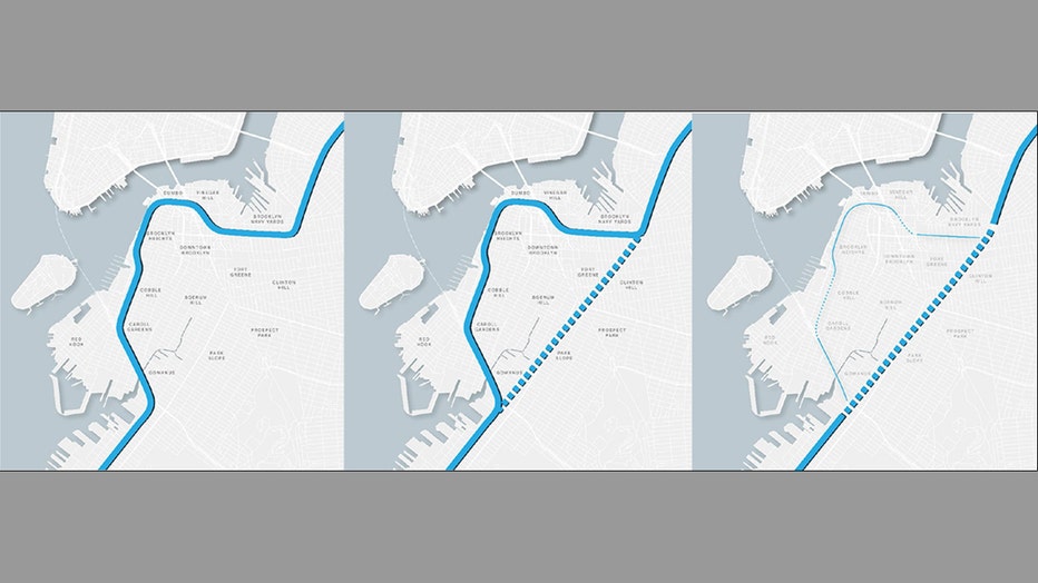 The conceptual phasing of the current Brooklyn-Queens Expressway, the construction of a tunnel that would bypass Downtown Brooklyn, and the removal of existing infrastructure.