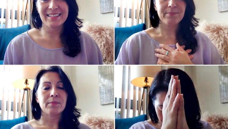 Images of Donna Borak looking into a webcam and leading a meditation session