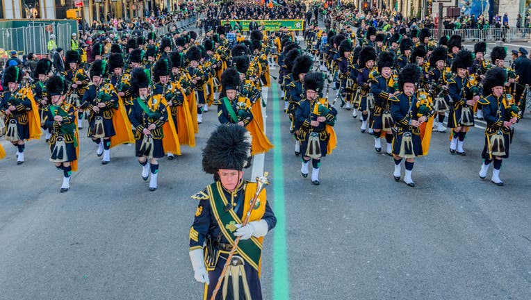 A marching band marches in the New York City Saint Patrick's Day Parade