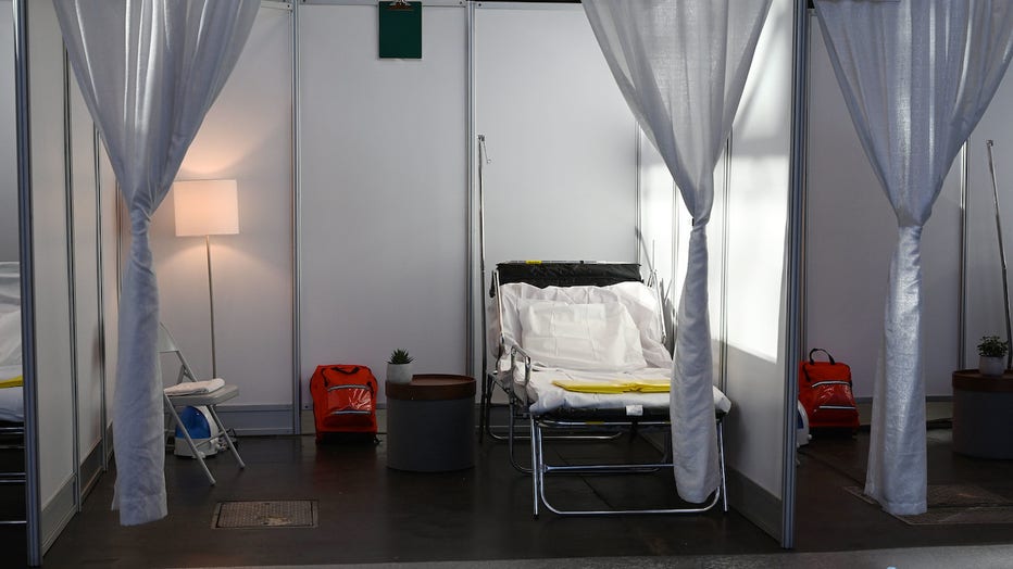A temporary hospital bed set up in the Jacob Javits Convention Center
