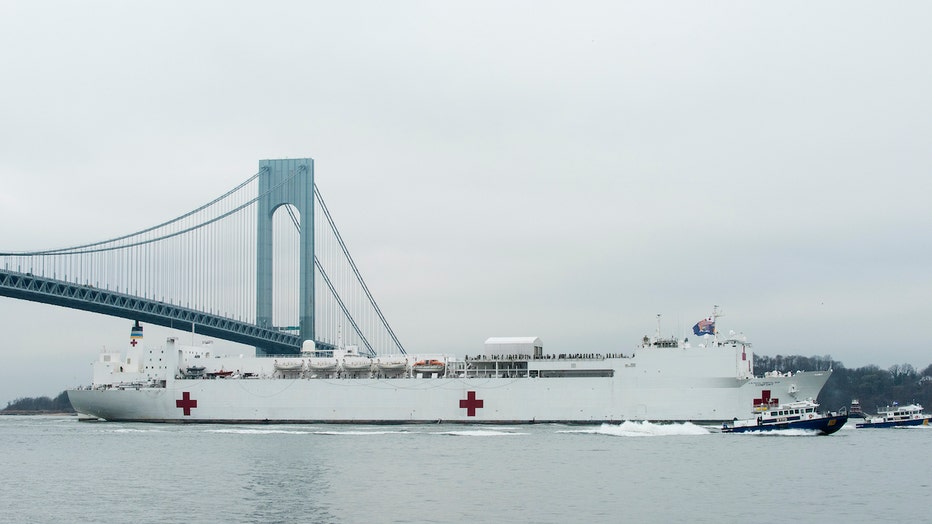 Navy hospital ship passing under Verrazzano-Narrows Bridge