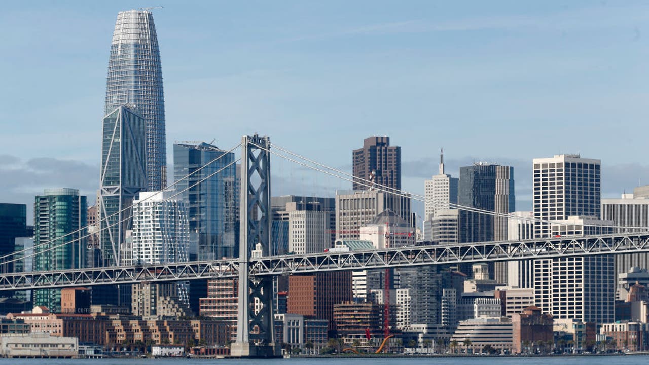 The Bay Bridge and the San Francisco skyline including the Salesforce Tower are seen in this view from the bay on Monday, March 9, 2020. (Jane Tyska/D