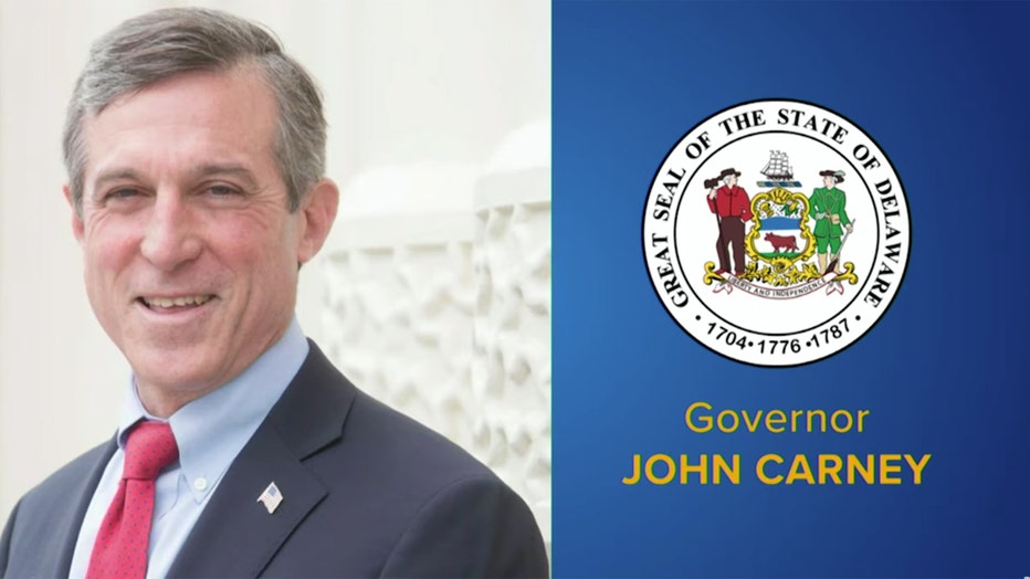Gov. John Carney headshot and Delaware state seal