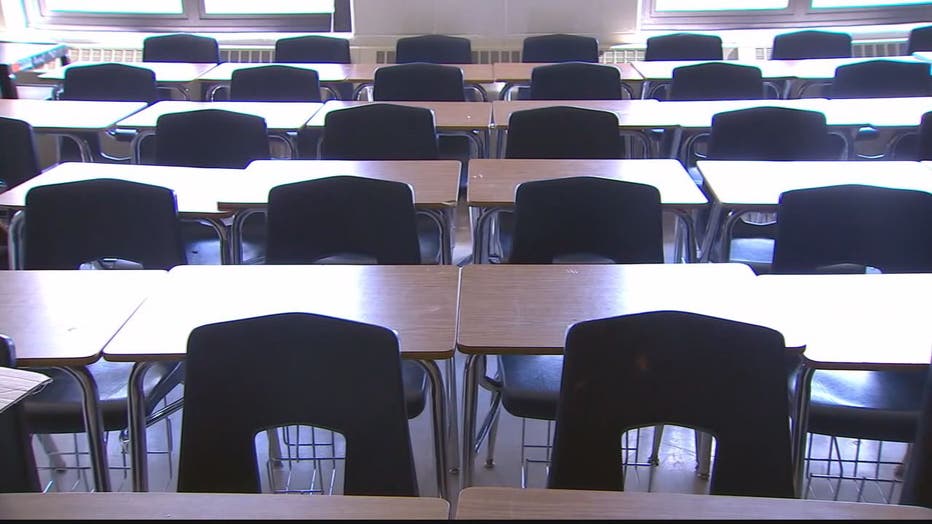 Desks and chairs in a classroom