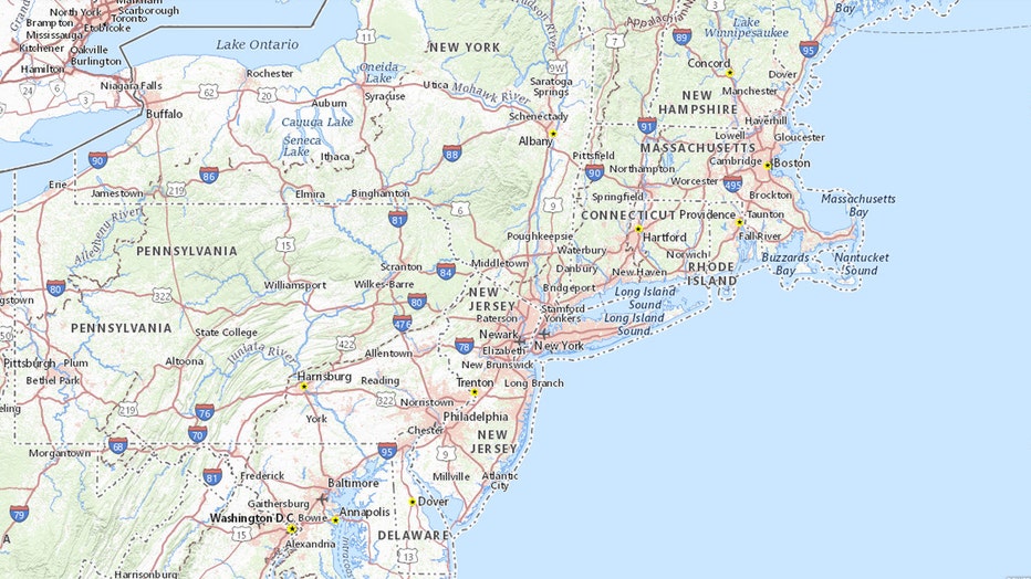 A map showing several states in the northeastern United States