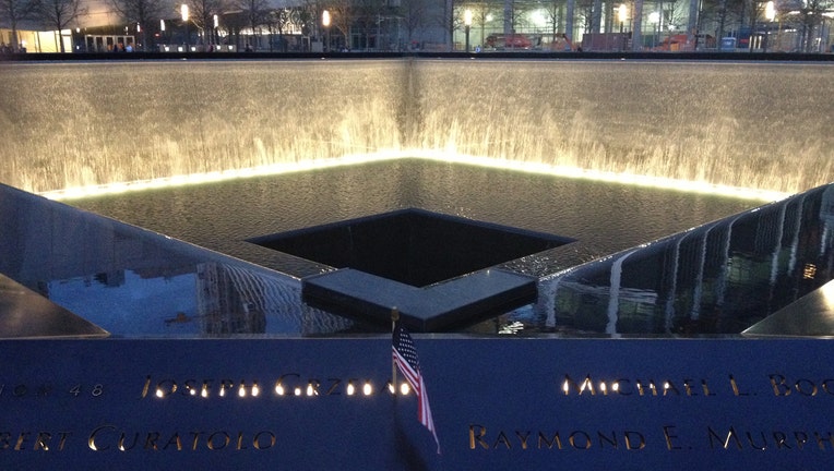 A view of a reflecting pool at the 9/11 Memorial in Manhattan