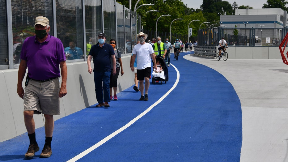 Pedestrians walk along a multiuse path on the Mario M. Cuomo Bridge