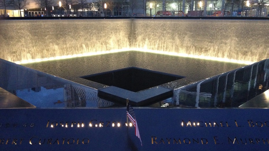 A view of a reflecting pool at the 9/11 Memorial in Manhattan