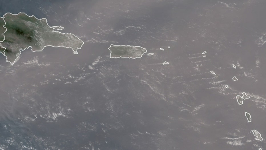 A satellite image of Saharan dust over islands in the Caribbean