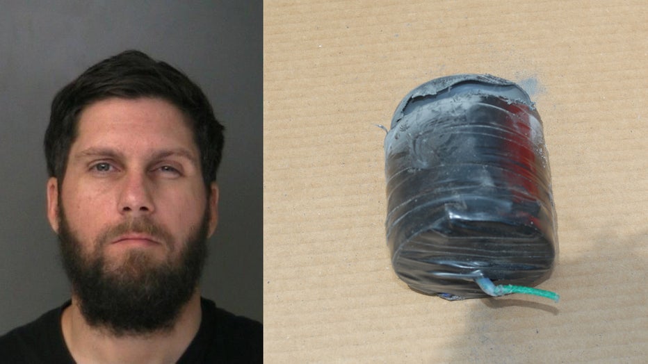 Booking photo of a man arrested and a cylindrical object believed to be a bomb