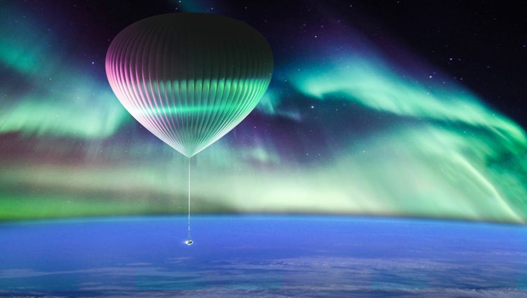 A rendering of a space balloon and capsule at the edge of space with the Northern Lights behind it