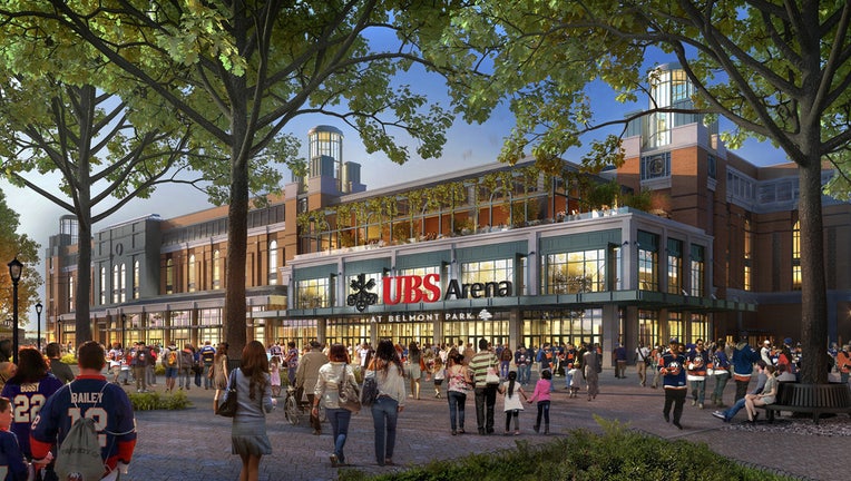 Artist's rendering of a hockey arena entrance and the plaza in front of it showing fans arriving