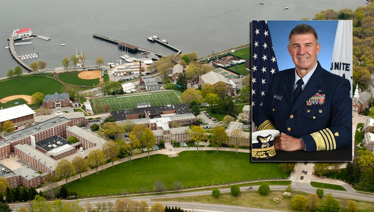 An aerial view of the U.S. Coast Guard Academy and a headshot of Admiral Karl Schultz, the Coast Guard's commandant
