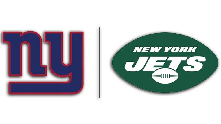 Blue and red NY logo of the Giants and green and white football and name logo of the Jets