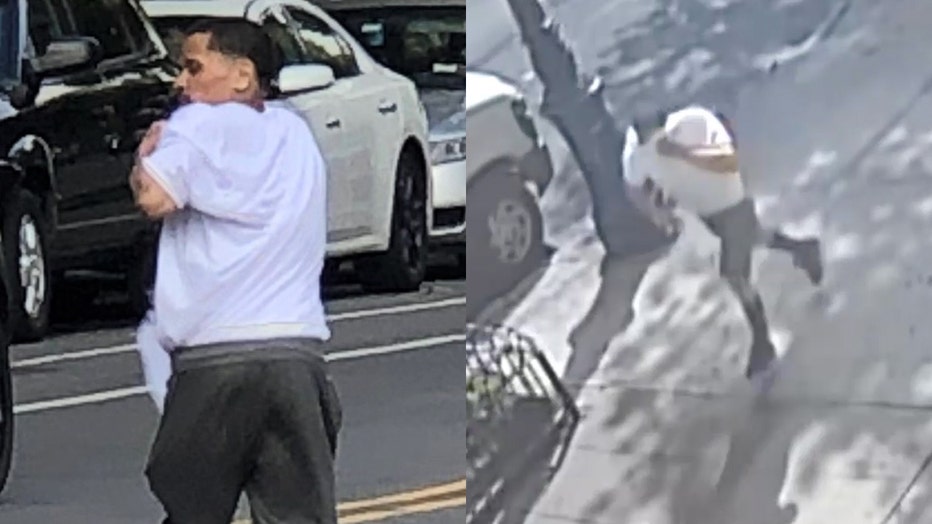 Security camera images of a man wearing a white T-shirt and dark shorts