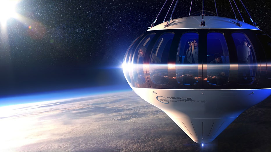 Rendering of a space craft in the upper atmosphere with passengers looking down at Earth