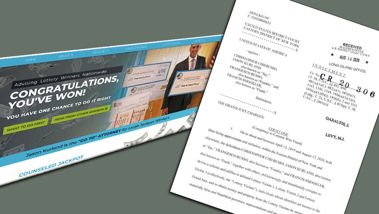 An illustration made from a screenshot of the archived homepage of TheLotteryLawyer.com (left) and the first page of a federal indictment