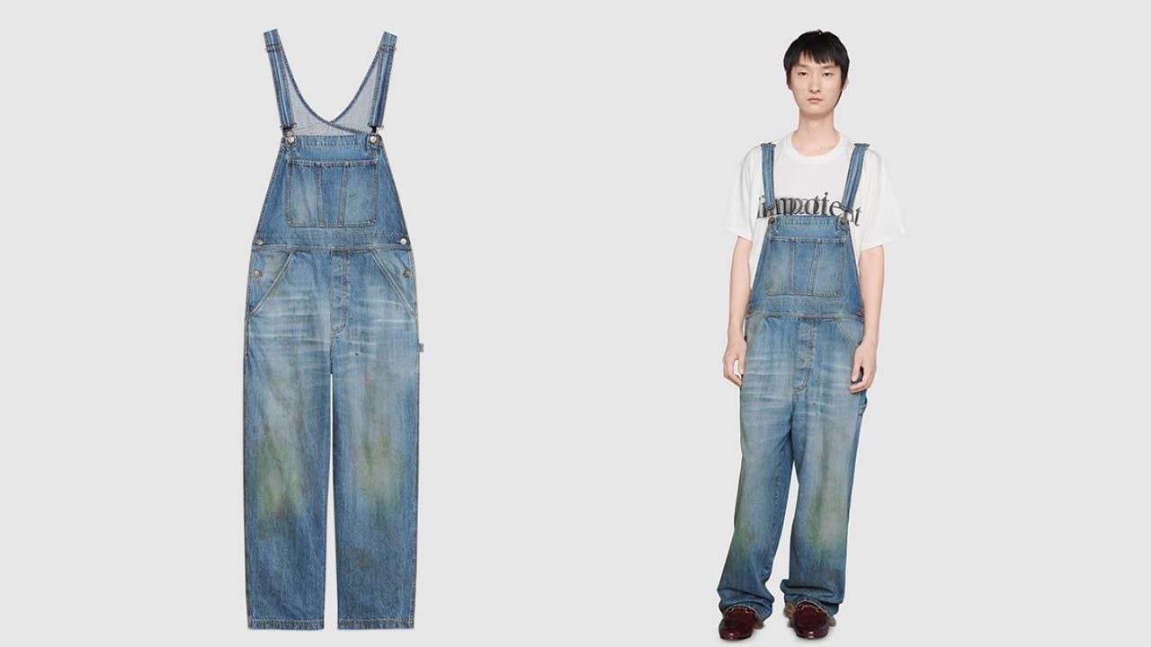 grass-stained jeans, overalls 
