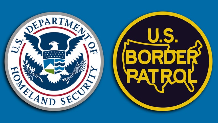 U.S. Department of Homeland Security logo is gray, blue, red, green; shield with eagle carrying arrows and an olive branch; U.S. Border Patrol logo is black and yellow with outline of a map of the USA