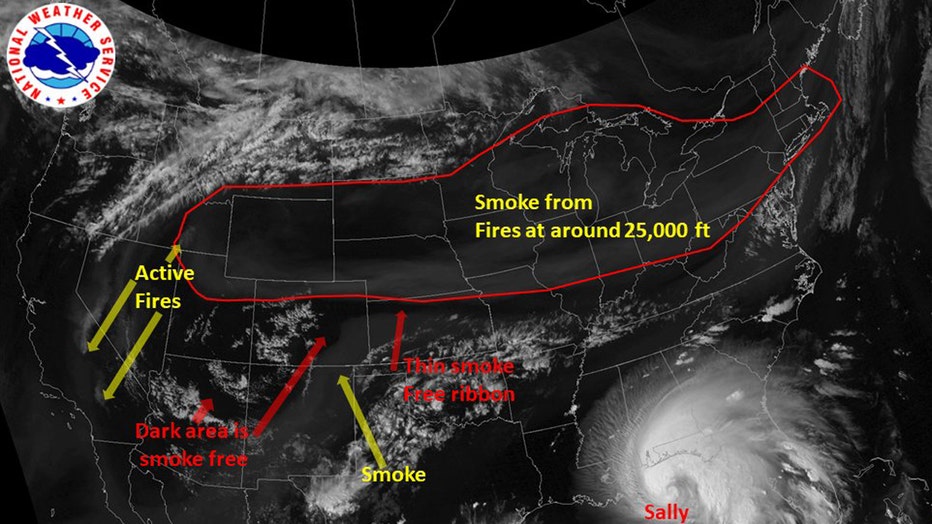 Satellite image showing smoke from fires on the West Coast moving across the United States