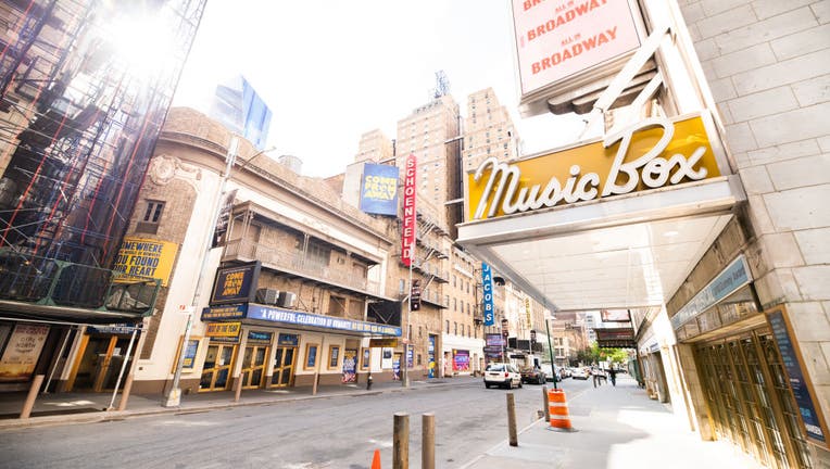 A view of the Schoenfeld Theatre and Music Box theater in Times Square.