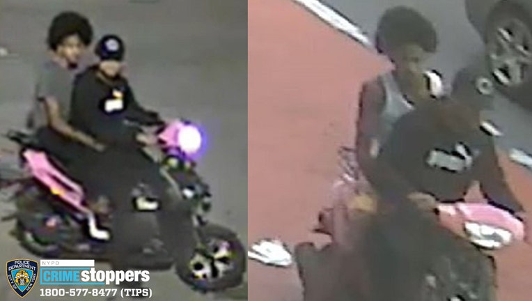 Security camera images of two men sitting on a motorized scooter