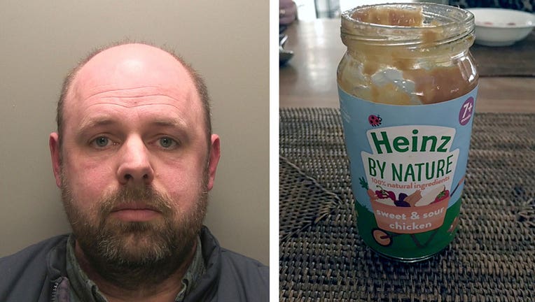 This undated file photo combination issued by Hertfordshire Constabulary shows Nigel Wright and a jar of Heinz baby food that was laced with fragments of a craft knife by Wright.(Hertfordshire Constabulary via AP, File)