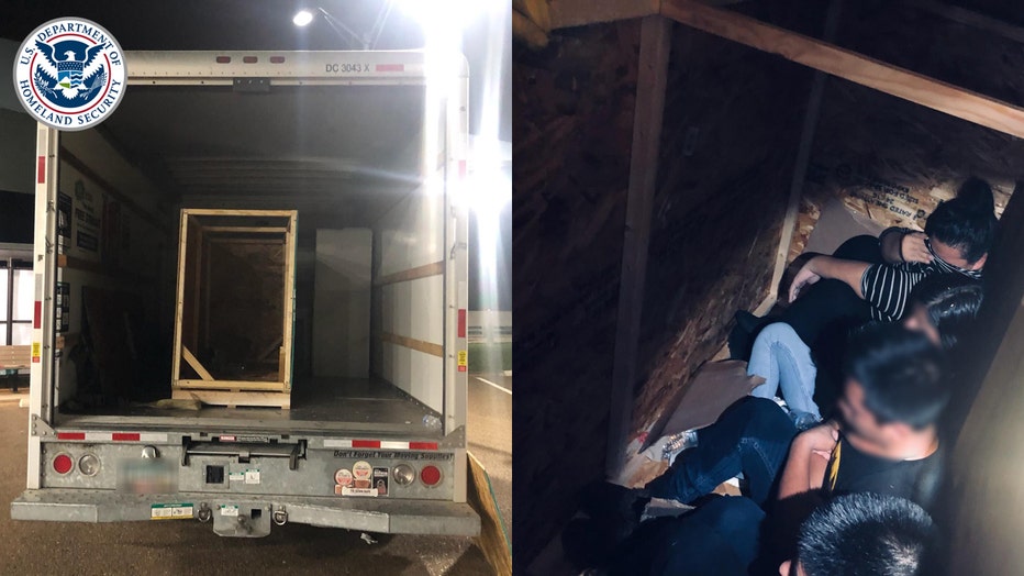 A container inside of a box truck, left; 5 people found inside