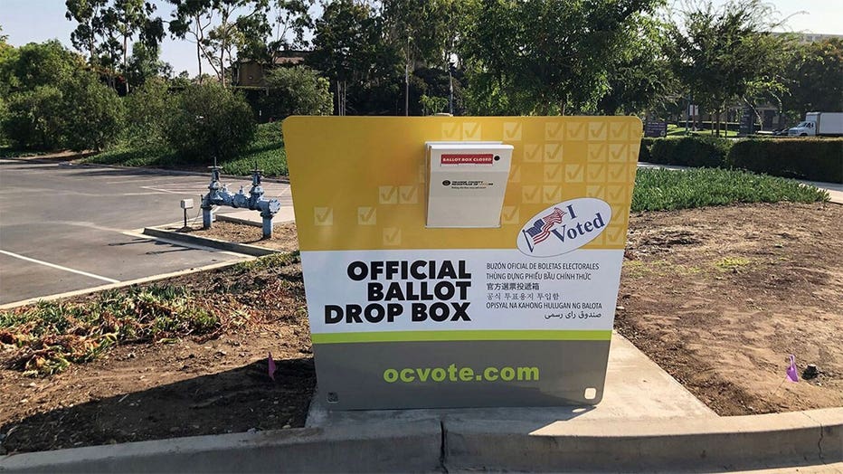 Official ballot drop boxes in Orange County, California are designed to meet state standards for security and bear the official Orange County Elections logo (Registrar of Voters for Orange County) 