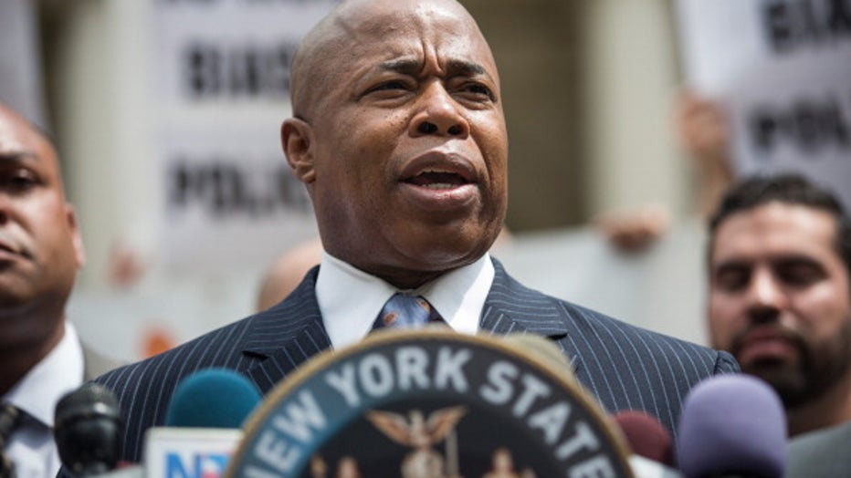 FILE - Brooklyn Borough President Eric Adams speaks on the steps of New York City Hall.