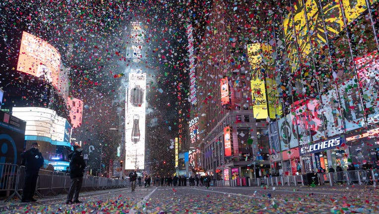 A view of confetti falling in an empty Times Square during the 2021 New Year’s Eve celebrations on January 1, 2021 in New York City.